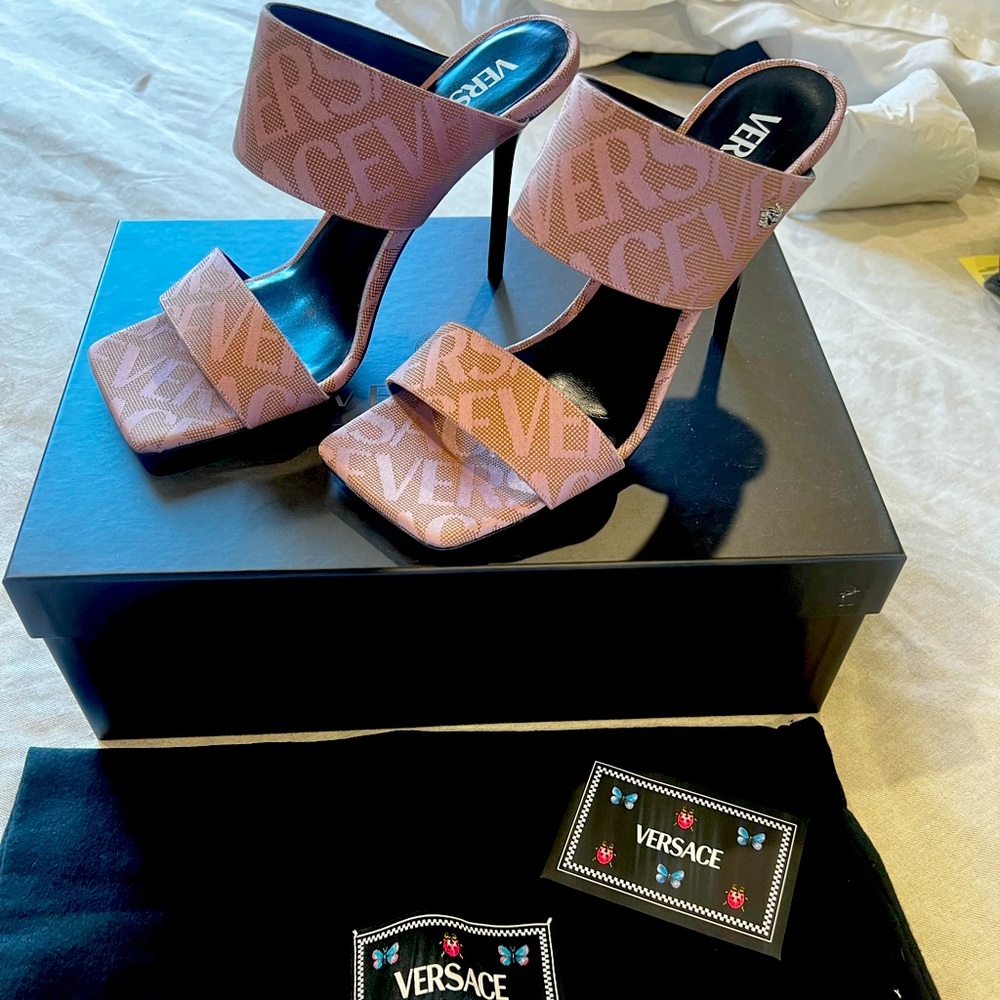 Versace Blush Pink All Over Logo Heels
